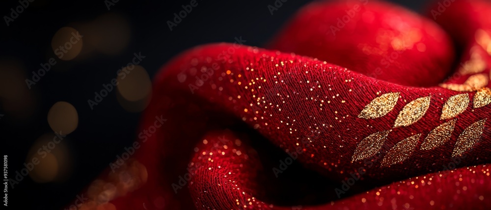 A tight shot of a red fabric, displaying a gold ornamental pattern along its edge, against a hazy backdrop A tight shot of a red fabric, displaying a gold ornamental pattern along its edge, against a hazy backdrop