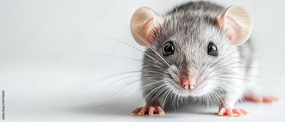 A tight shot of a rat against a pristine white backdrop, its gaze fixed on the camera with an out-of-focus depiction A tight shot of a rat against a pristine white backdrop, its gaze fixed on the camera with an out-of-focus depiction