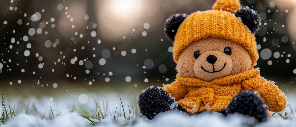 A bear in a yellow knit hat and scarf sits in the snow, its eyes closed A bear in a yellow knit hat and scarf sits in the snow, its eyes closed