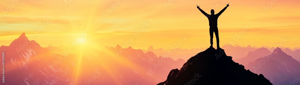 A person stands triumphantly on a mountain peak, celebrating a beautiful sunrise in the background, symbolizing success and achievement. A person stands triumphantly on a mountain peak, celebrating a beautiful sunrise in the background, symbolizing success and achievement.