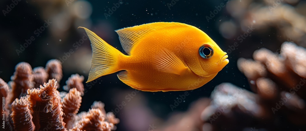 A tight shot of a fish against a backdrop of intricate corals, with more corals and crystal-clear water in the foreground A tight shot of a fish against a backdrop of intricate corals, with more corals and crystal-clear water in the foreground