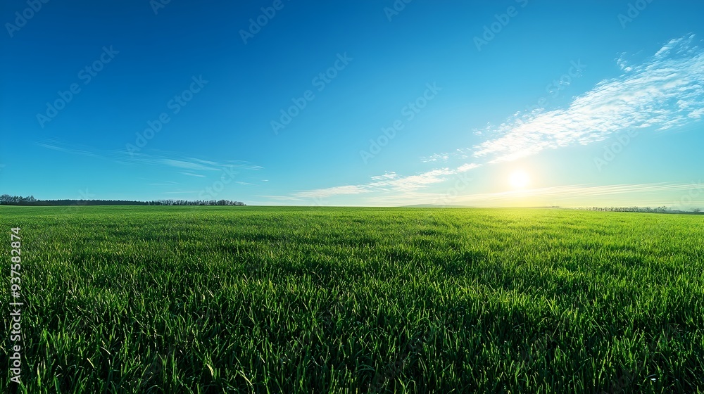 Early Morning Scenic Landscape with Lush Green Meadow and Bright Blue Sky Early Morning Scenic Landscape with Lush Green Meadow and Bright Blue Sky