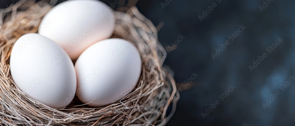 Three white eggs on dark background..: Text area here Three white eggs on dark background..: Text area here
