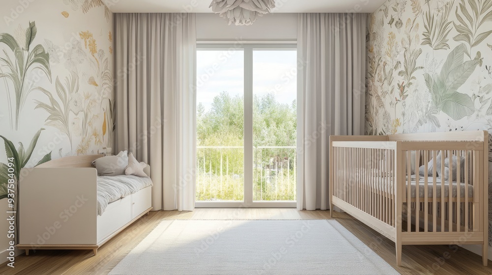 Fototapeta premium Interior of baby's room with crib and comfortable bed placed by window in contemporary house with wallpaper on wall , ai