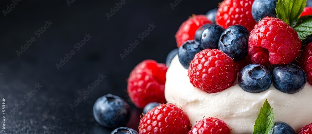A black surface holds a cake topped with raspberries, blueberries, and a sprig of mint A black surface holds a cake topped with raspberries, blueberries, and a sprig of mint