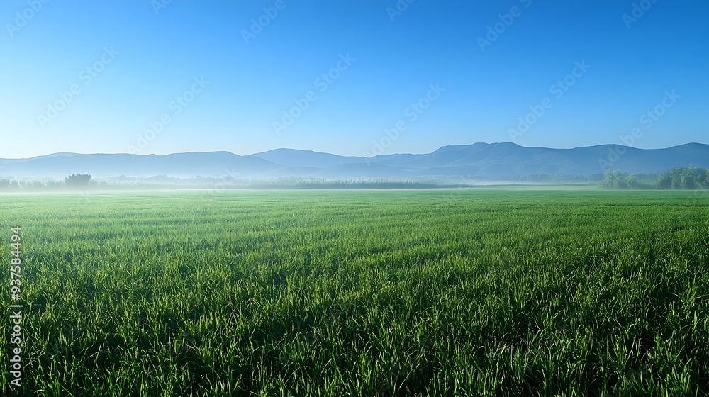 Obraz premium Vast Lush Green Meadow with Clear Blue Sky Horizon Scenic Landscape View