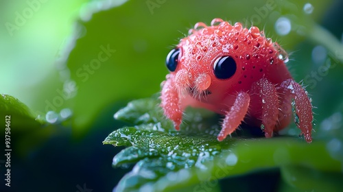  A tight shot of a red spider on a leaf, adorned with water droplets on its face and eyes