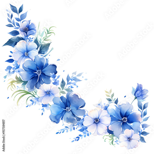 Delicate blue and white flowers arranged in a graceful curve against a transparent background.