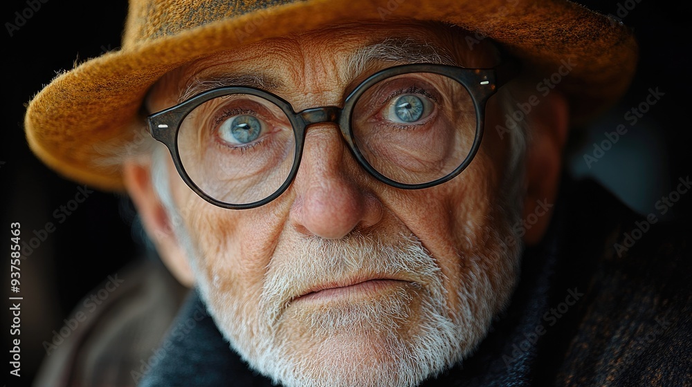Senior man with hat and glasses making serious face expression Senior man with hat and glasses making serious face expression