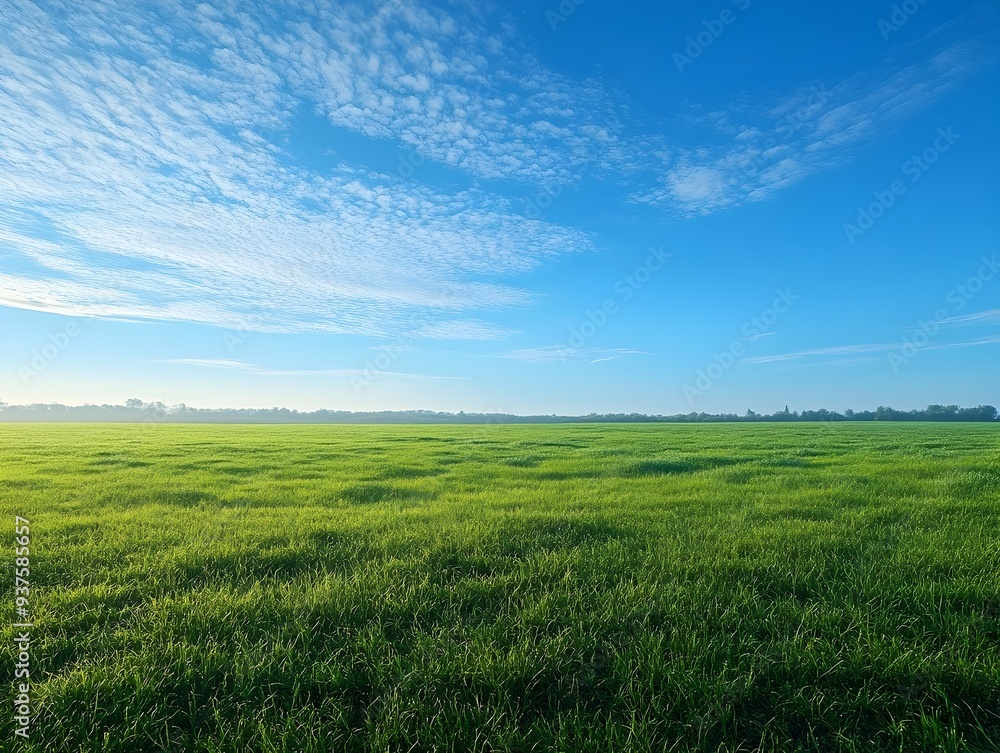 Obraz premium Boundless Emerald Meadow Under Cerulean Sky Tranquil Rural Landscape at Dawn
