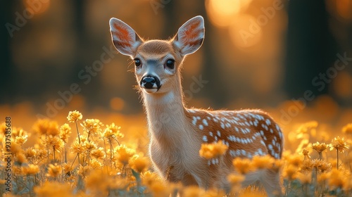 Young fawn standing in autumn leaves at sunset