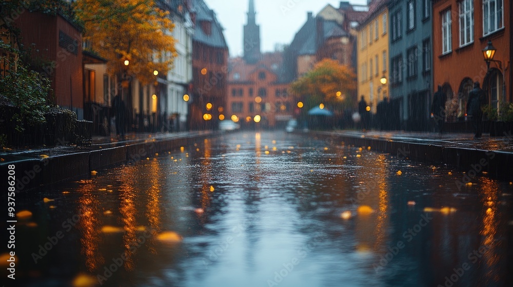Fototapeta premium Rain falling on city street at twilight with warm toned lights reflecting in puddles