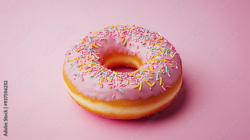 A single glazed donut with colorful sprinkles on a solid pastel pink background. A single glazed donut with colorful sprinkles on a solid pastel pink background.