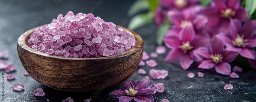 Wooden bowl filled with purple bath salts surrounded by violet flowers on a dark textured surface, creating a spa-like atmosphere. Wooden bowl filled with purple bath salts surrounded by violet flowers on a dark textured surface, creating a spa-like atmosphere.