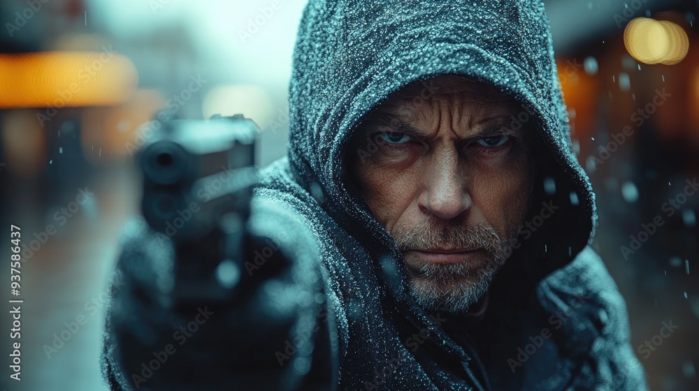 Dangerous man pointing gun wearing black hoodie in snow Dangerous man pointing gun wearing black hoodie in snow