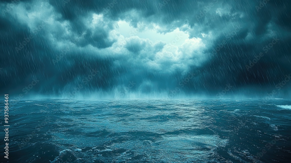 Fototapeta premium Heavy rain falling over a stormy ocean with dark clouds