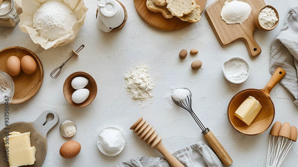 Kitchen counter flat lay featuring baking essentials all cast in a soft minimalistic light AI generated illustration Kitchen counter flat lay featuring baking essentials all cast in a soft minimalistic light AI generated illustration
