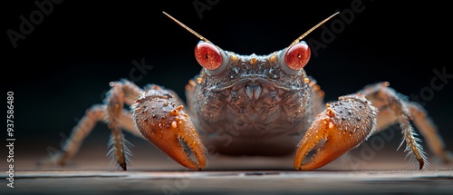  A detailed shot of an insect with crimson eyes and elongated hairs on its hind legs photo