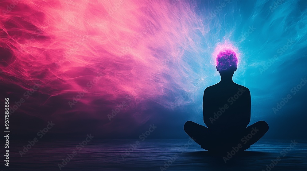 A serene figure meditating with vibrant, colorful energy radiating from their head, symbolizing inner peace and enlightenment. A serene figure meditating with vibrant, colorful energy radiating from their head, symbolizing inner peace and enlightenment.