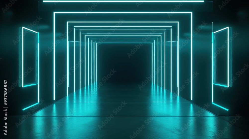 Neon Gateway: A mesmerizing neon portal invites exploration into a futuristic landscape. The vibrant turquoise glow illuminates the sleek, geometric pathways, creating an ethereal and captivating sc Neon Gateway: A mesmerizing neon portal invites exploration into a futuristic landscape. The vibrant turquoise glow illuminates the sleek, geometric pathways, creating an ethereal and captivating sc
