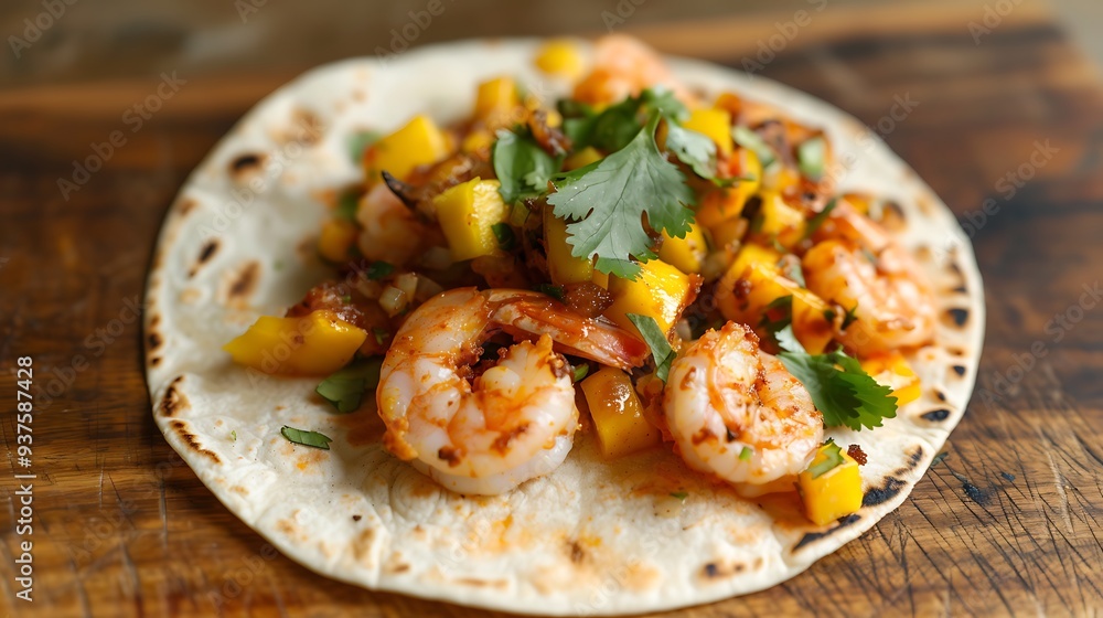 A soft flour tortilla taco overflowing with spicy shrimp, mango salsa, and a sprinkle of fresh cilantro. A soft flour tortilla taco overflowing with spicy shrimp, mango salsa, and a sprinkle of fresh cilantro.