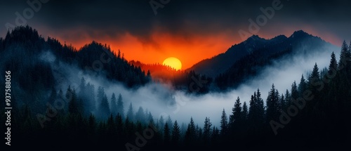  The sun sets over a mountain range, trees in foreground, fog enfolds both photo