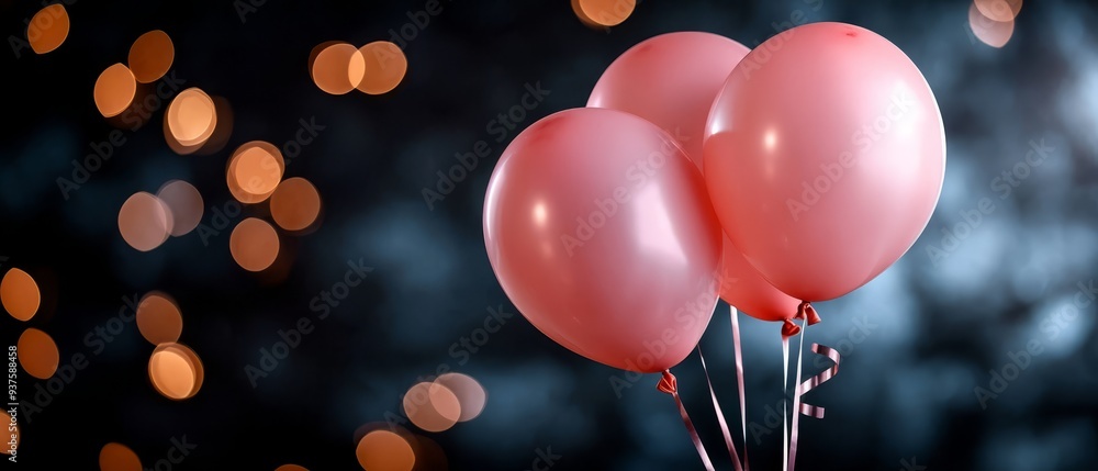 A group of balloons ascending against a backdrop of hazy lights and a darkened sky A group of balloons ascending against a backdrop of hazy lights and a darkened sky