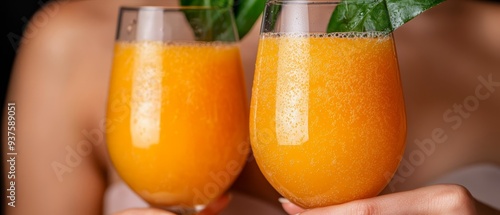  A tight shot of two glassess, each filled with orange juice One glass features a floating green leaf atop it photo