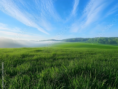 Vast Lush Green Meadow Under Expansive Blue Sky with Wispy Clouds at Early Morning