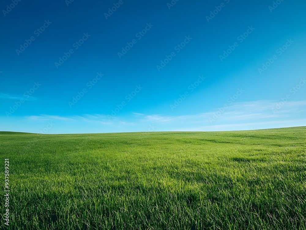 Serene Green Meadow Under Clear Blue Sky in Early Morning Sunlight Serene Green Meadow Under Clear Blue Sky in Early Morning Sunlight