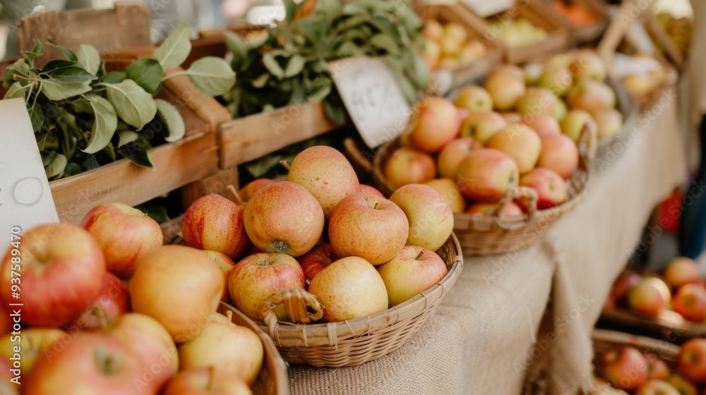 Fresh Apples and Oranges Displayed in Wicker Baskets at Market