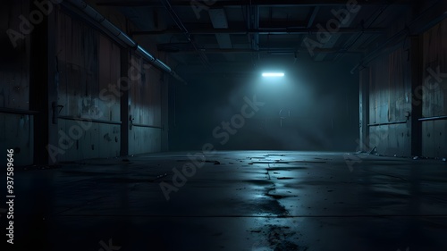 A pitch-black, deserted street, a deep blue backdrop, a dimly lit, empty scene, neon lights, and spotlights The asphalt floor and studio room with smoke float up the interior texture. night view