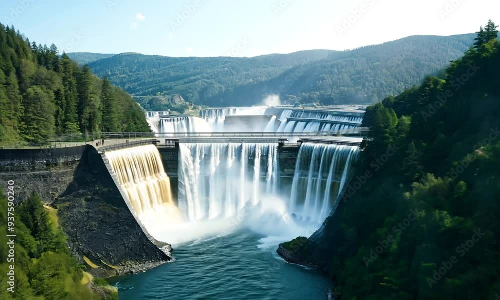 A large dam with water flowing over the spillway, surrounded by green mountains.
A large dam with water flowing over the spillway, surrounded by green mountains.