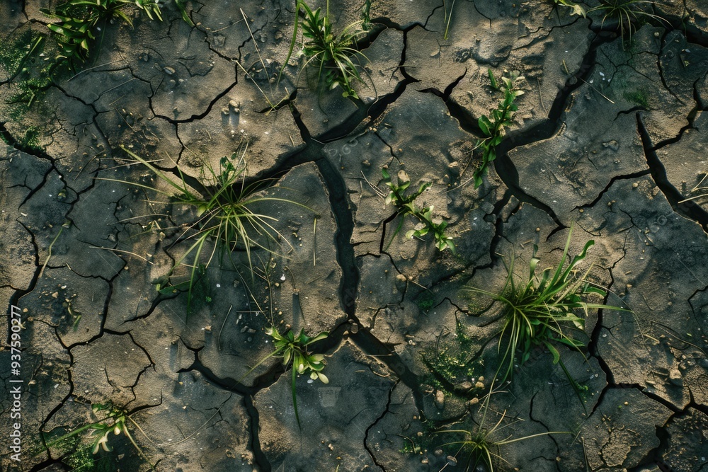 Dry cracked earth with grass sprouts and shoe imprints. Dry cracked earth with grass sprouts and shoe imprints.
