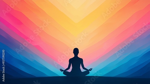 A serene silhouette meditating against a vibrant, colorful gradient background, evoking a sense of peace and tranquility.