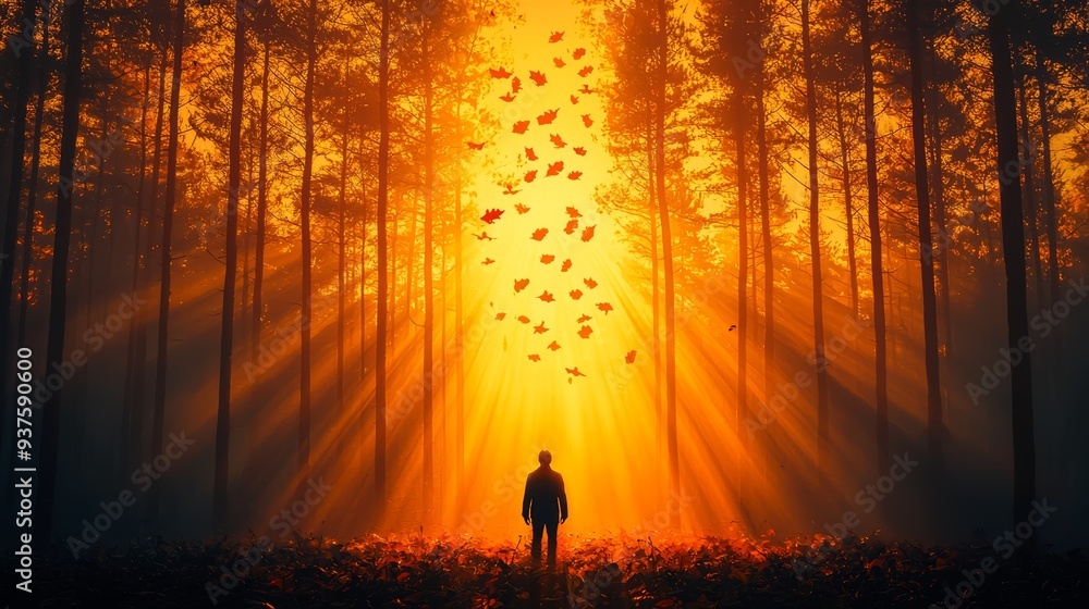 A serene silhouette of a person amidst a glowing forest, illuminated by golden rays and falling leaves, creating a magical atmosphere. A serene silhouette of a person amidst a glowing forest, illuminated by golden rays and falling leaves, creating a magical atmosphere.