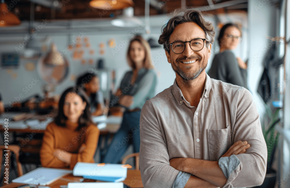 Obraz premium Smiling Man With Glasses In Open Office Environment With Colleagues In Background