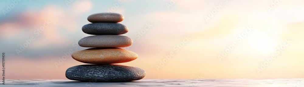 A serene stack of smooth stones symbolizes balance and tranquility against a beautiful sunset backdrop. A serene stack of smooth stones symbolizes balance and tranquility against a beautiful sunset backdrop.