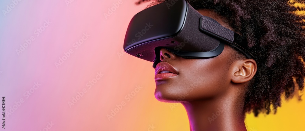 A person tightly wearing a virtual headset, their hairdo framed in front, against a vibrant multicolored backdrop A person tightly wearing a virtual headset, their hairdo framed in front, against a vibrant multicolored backdrop