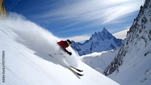 Extreme Skier Carving Down Snowy Mountain Slope in Winter Wonderland Adventure