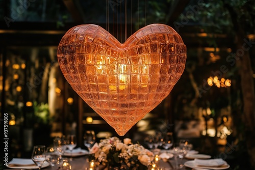 Glowing glass heart lighting up romantic dinner setting