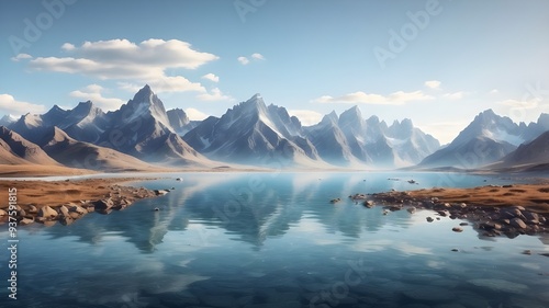 Gorgeous mountain range isolated on a translucent background, with a sizable body of water in the front.