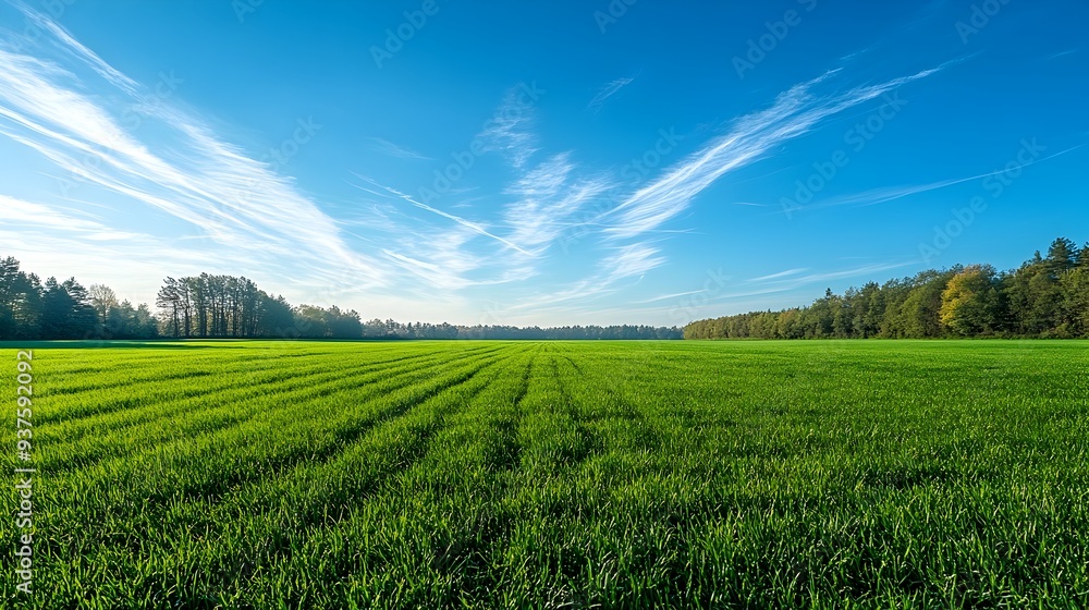 Expansive green meadow under a clear blue sky with wispy clouds Expansive green meadow under a clear blue sky with wispy clouds