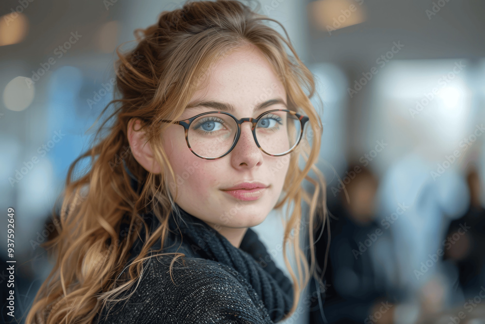 Young Woman With Blonde Hair And Glasses Looking At Camera Indoors Young Woman With Blonde Hair And Glasses Looking At Camera Indoors