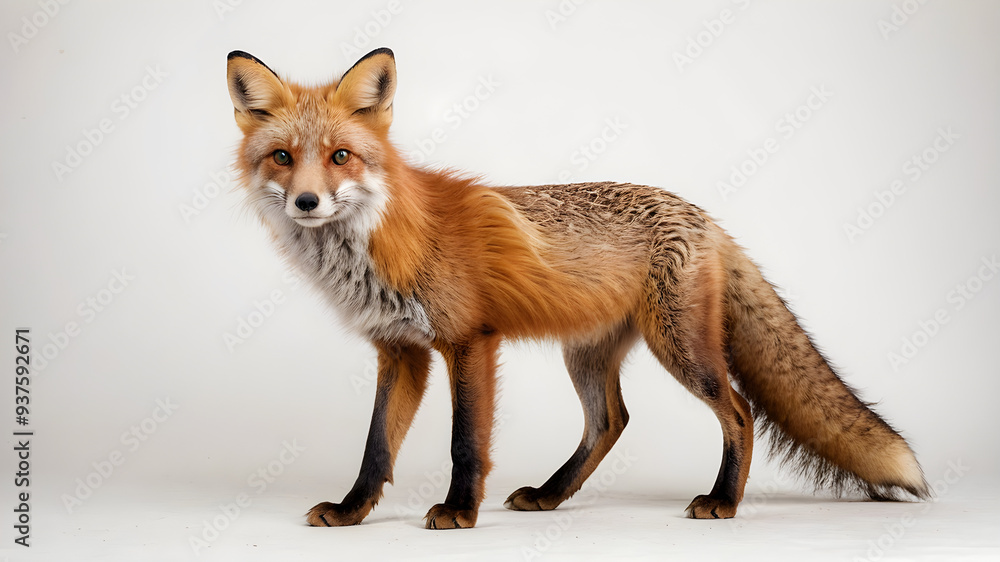 Fototapeta premium curious red fox standing with tail fluffed, isolated on white background