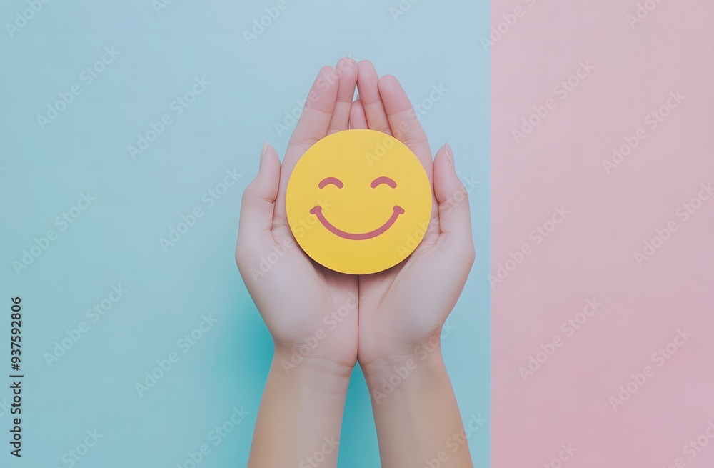 Hands holding a yellow smiley face with blank space on a solid background Hands holding a yellow smiley face with blank space on a solid background