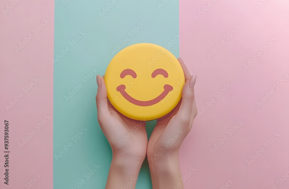 Hands holding a yellow smiley face with blank space on a solid background Hands holding a yellow smiley face with blank space on a solid background