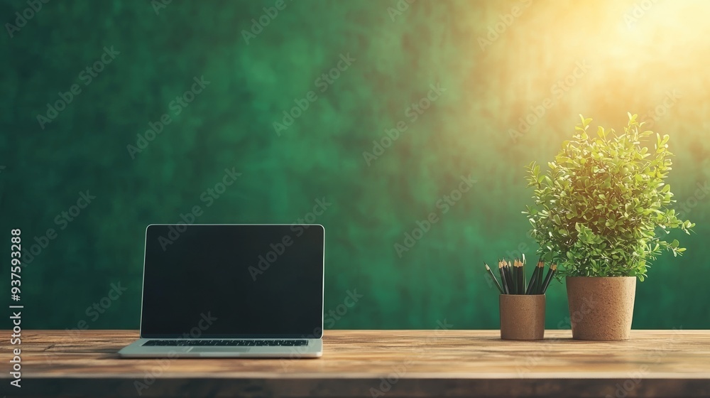 A serene workspace featuring a laptop and a potted plant, illuminated by warm sunlight against a green wall. A serene workspace featuring a laptop and a potted plant, illuminated by warm sunlight against a green wall.