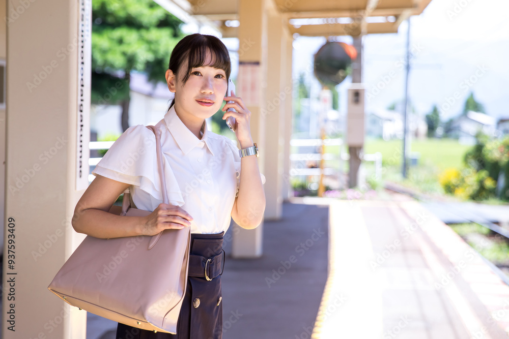 Fototapeta premium 駅のホームで電車を待つ女性 A woman waiting for a train on the station platform
