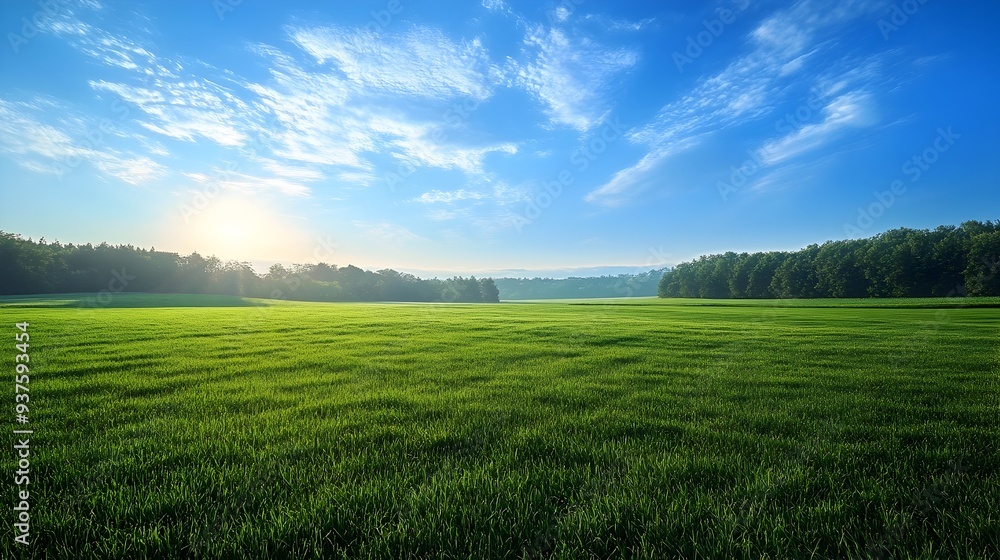 Sprawling Meadow with Glowing Morning Sky Bathed in Warm Sunlight Sprawling Meadow with Glowing Morning Sky Bathed in Warm Sunlight